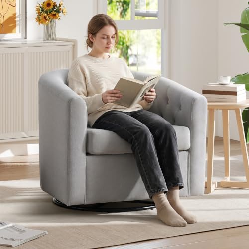ANJ Swivel Accent Chair, 360 Degree Round Swivel Barrel Chairs with Padded Armrests & Comfy Backrest, Modern Linen Fabric Armchair for Living Room, Bedroom, Office, Light Grey - color: Light Grey