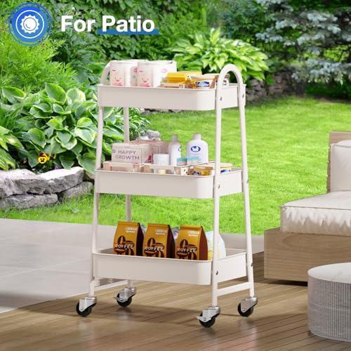OLIXIS Metal Rolling Storage Utility Cart with Lockable Wheels 3 Tiers | Mobile Organizer Shelf, Space-Saving, Freestanding, Bathroom, Living Room, Slim, Narrow Corner Spaces, White - color: 3-tiered Cream White, size: 3-Tiered 17 inches