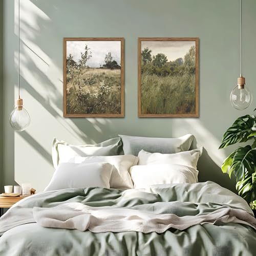 Vintage Landscape Wall Art Set of 2, Green Natural Wilderness Farmhouse Canvas Wall Decor Paintings, Retro Country Wildflower Oil Pictures Posters Prints for Living Room Bedroom 12x16 Inch Wood Framed - color: Green Landscape, size: 16"L x 12"W