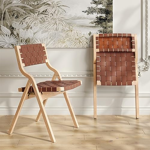Wood Folding Chairs, Foldable Chairs Chairs Wooden Indoor Stackable Dining Chairs for Kitchen & Dining Room Chair Woven Seat & Webbing Back, Dining Chair Set of 2 - color: Brown/Natural, Pu Leather