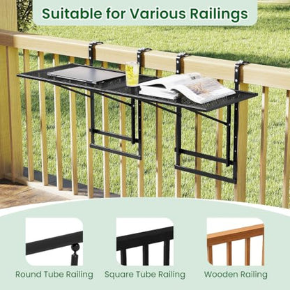 Tangkula Balcony Railing Table, 48" Outdoor Space-Saving Folding Hanging Table with 5-Level Adjustable Height, Metal Frame, Fits Railings Up to 1.5"-3.5" Thick for Patio, Porch, Deck - size: 48" x 16" x 23.5"-31"