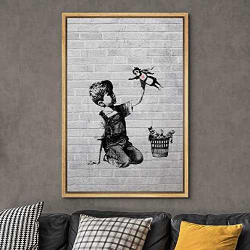 wall26 Framed Canvas Print Wall Art Banksy British Artist Spray Paint Kid Superhero Nurse Toy Graffiti & Street Art Urban Illustrations Modern Art for Living Room, Bedroom, Office - 16"x24" Natural - color: A12-2204-eva26, size: 24"L x 16"W