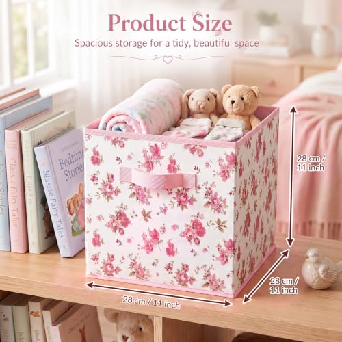 Marsui 4 Pcs Pink Floral Cube Storage Bins 11 Inch Pink Flower Storage Basket with Handle, Preppy Organizer Basket, Collapsible Fabric Box for Classroom Bedrooms Office Home Decoration Gift