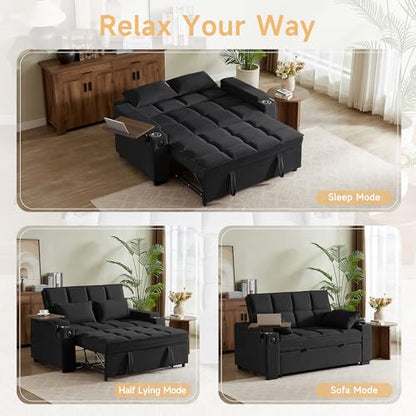 66" Multi-Functional Pull-Out Sofa Bed with Hidden Side Table, Storage Armrests, Built-in Charging Port, Spring Mattress, Solid Wood Frame – Ideal for Small Spaces, Easy Assembly - color: 1007-black