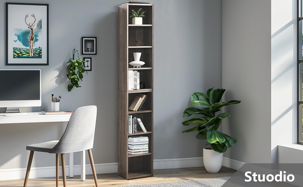 Tall Narrow Bookshelf,8-Tiers Bookcase with Adjustable Shelves,Double-Decker Combination Thin Media Tower Rack,CD DVD Slim Storage Cabinet for Living Room,Bedroom,Studio and Office (Gray, 71"H) - color: Grey
