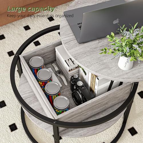 Round Coffee Table with Storage,Lift Top Coffee Table for Living Room Reception Room,2 Tier Small Round Table Dining Center,Grey - color: Grey