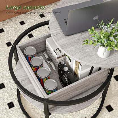 Round Coffee Table with Storage,Lift Top Coffee Table for Living Room Reception Room,2 Tier Small Round Table Dining Center,Grey - color: Grey