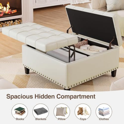 FiveWillowise 31.5 Inch Large Square Ottoman with Storage,Faux Leather | Coffee Table Storage Ottoman Bench with Lift Top Upholstered Footrest Stool Toy Box for Bedroom Living Room,Yellow White - color: Yellow White