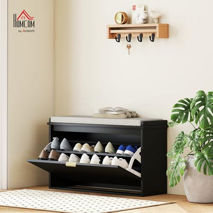 HOMCOM Narrow Shoe Bench with Padded Cushion 31.5x10.2x18.7 Inches Black | Shoe Storage Cabinet, Flip-Drawer, Adjustable Shelf, Small Entryway Bench, Holds up to 265lb - color: Black, size: 31.5" x 10.2" x 18.7"