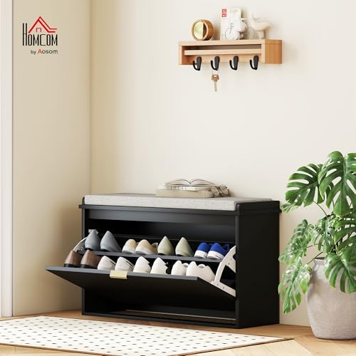 HOMCOM Narrow Shoe Bench with Padded Cushion 31.5x10.2x18.7 Inches Black | Shoe Storage Cabinet, Flip-Drawer, Adjustable Shelf, Small Entryway Bench, Holds up to 265lb - color: Black, size: 31.5" x 10.2" x 18.7"