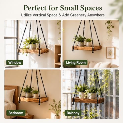 Novabright Hanging Window Plant Shelf, 16 Inch Wooden Macrame Style Shelf with Metal Grid Frame, Adjustable Cotton Rope Indoor Holder for Window, Wall or Ceiling, 50 lb Capacity