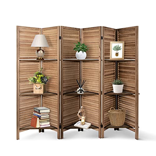 6 Panel Room Divider with Shelves | Freestanding Wooden Louvered Privacy Screen, Built‑in Display Shelves, Foldable Hinges, Brown - color: Brown-6 Panel, size: 6 Panel