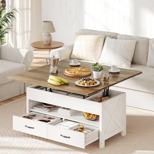 Amada Lift Top Coffee Table, 4 in 1 Convertible Coffee Table with Drawers and Hidden Compartment, Expandable Center Table Converts to Dining Table for Living Room, Farmhouse Oak & White - color: Oak & White