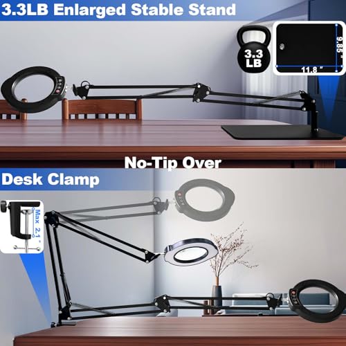 15X Magnifying Glass with Light and Stand, 2-in-1 Lighted Magnifying Desk Lamp Dimmable Magnifier Lamp with Light and Clamp Long Arm 84PCS LED Beads Real Glass Lens for Work Close Work Hobby - size: Stand & Clamp