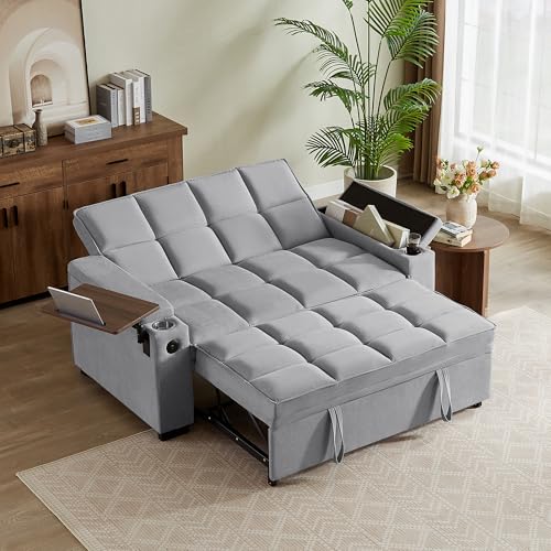 66" Multi-Functional Pull-Out Sofa Bed with Hidden Side Table, Storage Armrests, Built-in Charging Port, Spring Mattress, Solid Wood Frame – Ideal for Small Spaces, Easy Assembly - color: 1007-grey