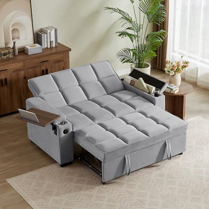 66" Multi-Functional Pull-Out Sofa Bed with Hidden Side Table, Storage Armrests, Built-in Charging Port, Spring Mattress, Solid Wood Frame – Ideal for Small Spaces, Easy Assembly - color: 1007-grey