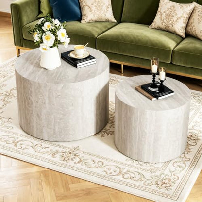 18 inch Stone Round Nesting Coffee Table Set of 2, Travertine | Travertine Veneer, For Living Room, Mid-Century Modern Style, Nestable Design, Nested End Side Table, For Small Spaces - color: Travertine