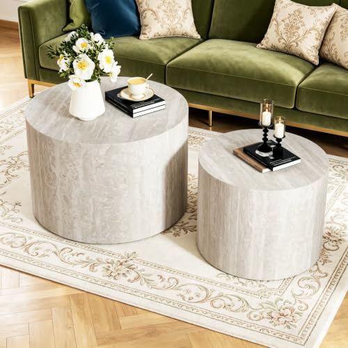 18 inch Stone Round Nesting Coffee Table Set of 2, Travertine | Travertine Veneer, For Living Room, Mid-Century Modern Style, Nestable Design, Nested End Side Table, For Small Spaces - color: Travertine