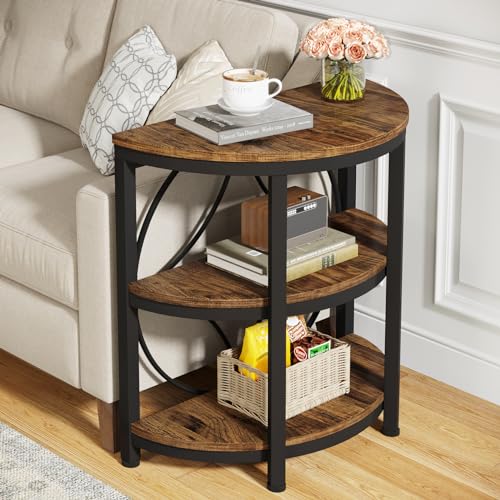 Tribesigns Half Round End Table for Living Room, 3-Tier Half Circle Side Table with Metal Frame, Industrial Half Moon Table, Half Coffee Accent Table Bedside Table for Bedroom, Brown - color: Rustic Brown