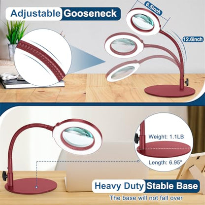 IVMAIE 12X Magnifying Glass with Light, Real Glass Lens, 5 Color Modes Dimmable, Flexible Gooseneck Lighted Magnifier with Stand, LED Desk Lamp Hands Free for Crafts Painting Reading Close Work, Red - color: Red