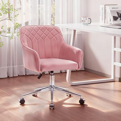 VECELO Modern Velvet Swivel Home Office Desk Chair with Back & Rolling Wheels, Adjustable Seat Height for Girls Women Bed Room Vanity Makeup/Task/Computer Work, Pink - color: Pink