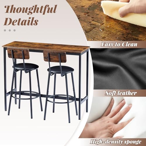 43.31" Bar Table Set for 2, Counter Height Dining Table with PU Upholstered Bar Stools and Backrests, Space-Saving Small Kitchen Table for Breakfast Nook, High Top Table and Chairs Set - color: Rustic Brown, style: Rectangular w/ Upholstered Stool
