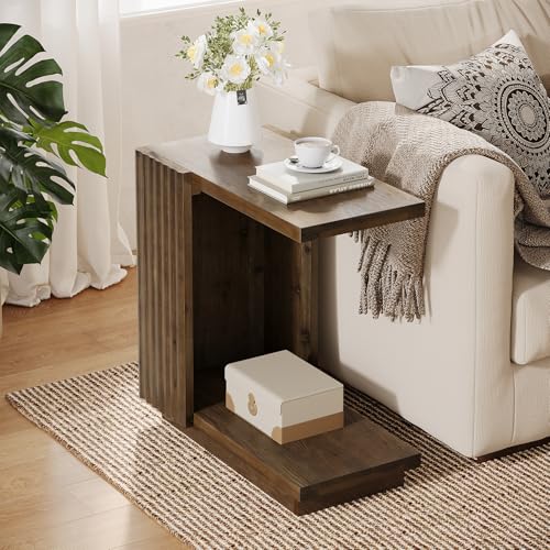 Solid Wood Side Table, C-Shaped Narrow End Table with Storage | 2-Tier Farmhouse Bed Side Table with Fluted Panels, Wood Nightstand for Bedroom, Living Room, Small Spaces, Dark Brown - color: Dark Brown