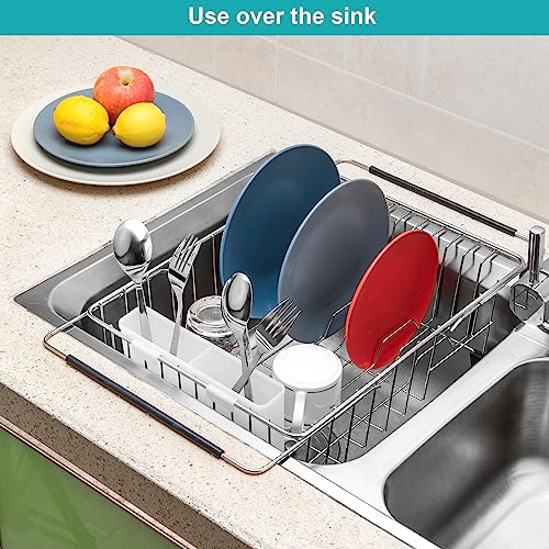 Expandable Multifunctional Dish Drying Rack, Over The Sink, in Sink Or On Counter Dish Drainer Rack Organizer Shelf with White Utensil Silverware Holder, Rustproof Stainless Steel - color: White