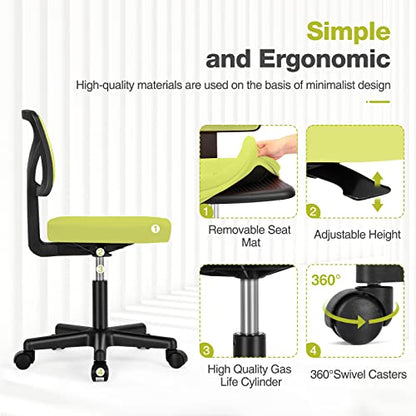 Sweetcrispy Small Armless Desk Chair, Mesh Rolling Office Chairs | Adjustable Ergonomic Lumbar Support, Low-Back, Swivel Wheels, Home Work, Bedroom, Study, Student, Adults, Green - color: Green