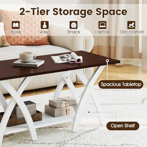Giantex Farmhouse Coffee Table, 2-Tier Wood Center Table with Storage Shelf & X-Shaped Support Legs, 40 Inch Rectangular Living Room Table with Open Display Area for Small Space (Walnut&White) - color: Walnut & White
