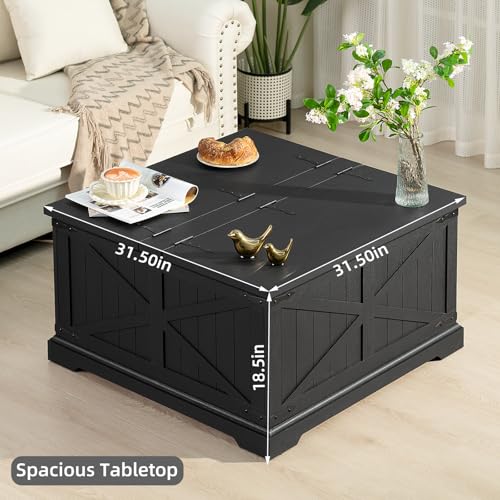 Joaxswe Farmhouse Coffee Table with Large Hidden Storage Compartment, Rustic Black Square Center Table, Wood Low Farm House Modern Living Room Tables with Hinged Lift Top & Wooden Arc Base - color: Black, style: With Base