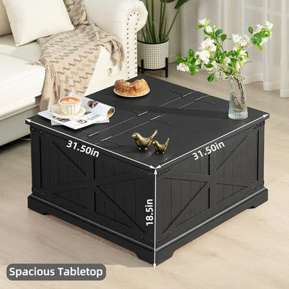 Joaxswe Farmhouse Coffee Table with Large Hidden Storage Compartment, Rustic Black Square Center Table, Wood Low Farm House Modern Living Room Tables with Hinged Lift Top & Wooden Arc Base - color: Black, style: With Base