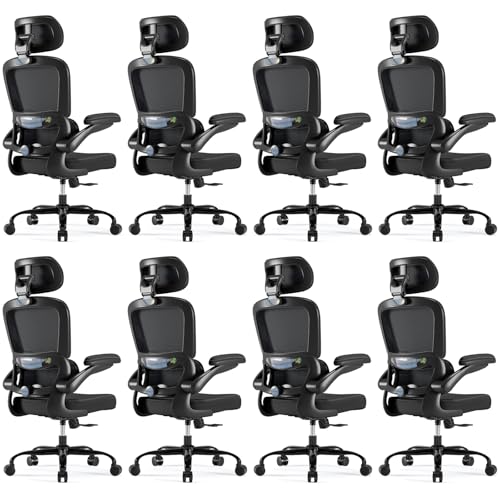 TRALT Ergonomic Office Chair Desk Chair with Adjustable Lumbar Support | Home Office Desk Chairs with Flip-up Armrests & 3D Headrest - Mesh Gaming Chair for Adults, 330lbs, PU Leather (Black, 8) - color: Black, size: Pack of 8