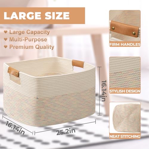 108L Large Basket for Living Room, Boho Decorative Basket Organizing with Handles, Cotton Rope Storage for Toys, Pillows, Clothes, 25’’*16’’*16’’ Rainbow - color: Stitches Rainbow, size: 108L