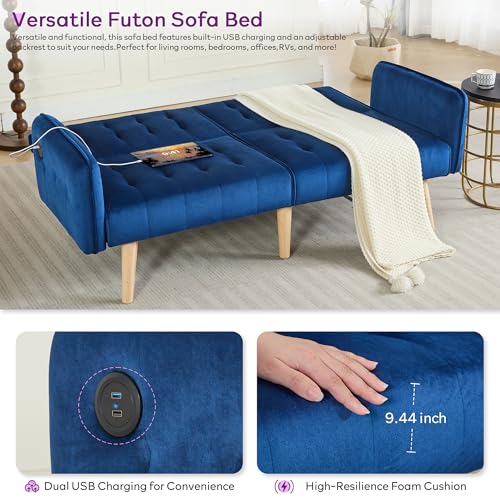 65'' Convertible Futon Sofa Bed with USB, Small Couch for Living Room | Sleeper Sofa and Loveseat, Adjustable Folding Couch with Tufted Design and 2 USB Ports, Bedroom Apartment Office, Blue - color: Blue