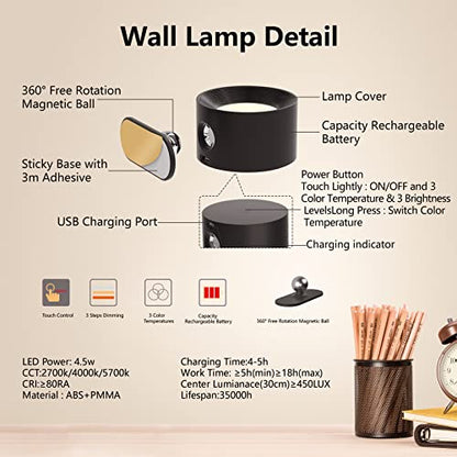 Deyagoo LED Wall Sconce, Rechargeable Wall Light with Remote-Black | 3 Colors, Dimmable, Magnetic Rotating Head, 360 Degree Rotate - color: A-Black