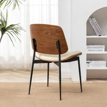 LUNLING Dining Room Chairs Set of 2 Mid Century Modern Retro Beige Faux Leather Chair with Walnut Bentwood Upholstered Seat Metal Legs Kitchen Chairs Adjustable Foot for Kitchen Dining Room - color: Beige, size: Set of 2