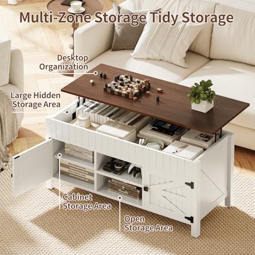 47.3“ Lift Top Coffee Table with Storage - White Coffee Tables for Living Room, Farmhouse Wood Center Table, Large Rectangle Middle Tables with Hidden Compartment & Adjustable Shelf - color: White and Walnut