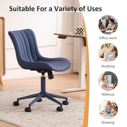 YOUNIKE Office Desk Chair with Wheels Armless Vanity Chair Modern Navy Blue | Faux Leather Upholstered with Rocking Back, Swivel Height Adjustable, Small Cute Computer Rolling Task Chair Ergonomic - color: All Navy Blue, size: Base Same Color