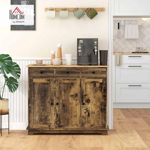HOMCOM Sideboard Buffet Cabinet Solid Wood Countertop Rustic Brown | Modern Kitchen Storage, Coffee Bar Cabinet, 3 Drawers, Doors, Adjustable Shelf - color: Rustic Brown, size: 39.75" x 15.75" x 33.5"