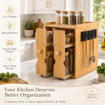 Pull Out Spice Rack Organizer for Cabinet or Countertop, Bamboo | 2-tier bamboo spice organizer with dual pull-out shelves for cabinets, countertops, pantries and coffee bars