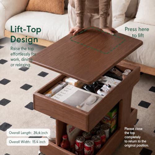 Small Lift Top Coffee Table with Wheels, Solid Wood Table with Storage | Lift top coffee table with hidden storage, rotating tabletop and wheels, designed for small spaces with no assembly required. - color: Walnut