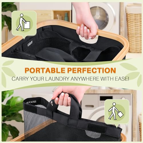 145L Laundry Hamper with Lid, 3 Section Laundry Basket with 3 Removable Bag | Clothes Hampers for Laundry with Bamboo Frame Handle, Large Dirty Clothes Hamper for Laundry Room, Bathroom, Bedroom, Black - color: Black, size: 145L