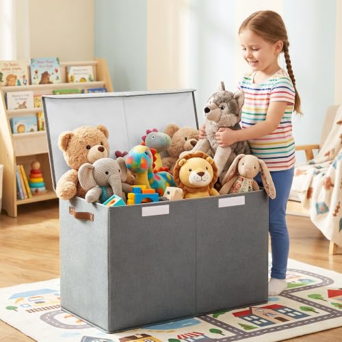 Large Toy Storage Box with Lids, Collapsible Sturdy Baby Storage Organizer Chest Bin Basket for Kids, Boys, Girls, Playroom, Nursery, Bedroom, Closet 25"x13"x16" (Gray) - color: Gray