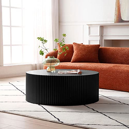 JUSTONE Black Round Coffee Table for Living Room, 35.43" Round Wood Circle Drum Coffee Table End Table Side Table for Home Office, Matte Black (ø35.4'' x 13.7'') - color: 35.4'' - Black