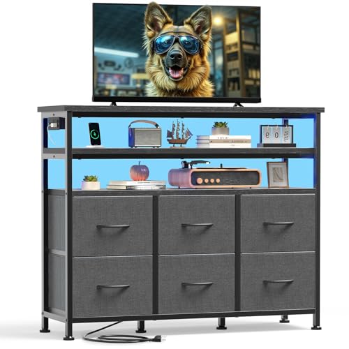 DUMOS LED TV Stand Dresser with Charging Station, Entertainment Center | Media Console for Living Room, App Controlled, 6 Fabric Drawers and 2 Shelves, Grey - color: Grey, size: 39.37"D x 11.8"W x 31.49"H (6 Drawers)
