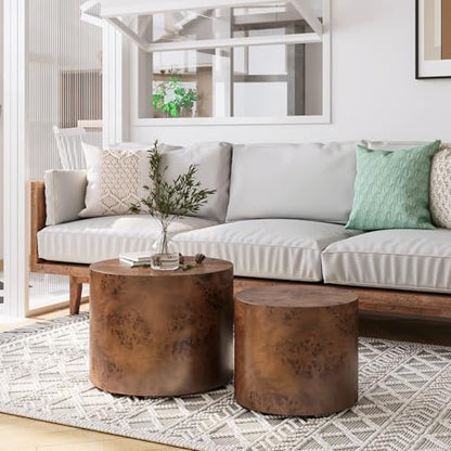 Nesting Coffee Table Set of 2, Modern Round Coffee Table Drum Side Table, Wooden Circle Accent Tables End Tables for Small Spaces Living Room Bedroom Office (Dark Brown) - color: 19" & 15"- Dark Brown