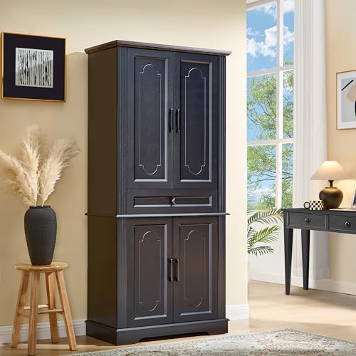 LIDYUK 71" Black Tall Pantry Cabinet Storage Cabinet Kitchen Buffet Cabinet | Drawer and Adjustable Shelves, Modern Food Pantry Storage Cabinet, Coffee Bar, Living Room and Dining Room - color: Black, size: 71"(H) x 31.5"(W) x 15.75"(D)
