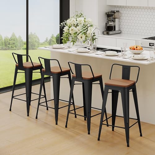 Yongchuang 26" Metal Barstools Set of 2 Counter Bar Stools with Wood Top Low Back Matte Black - color: Black, size: 26" Set of 2