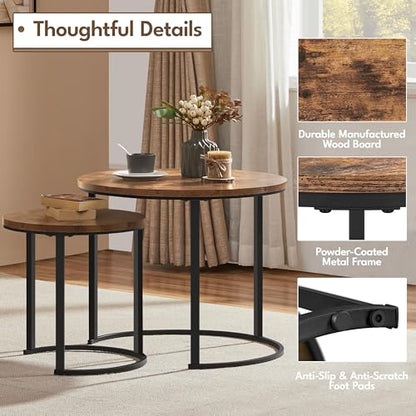 Yaheetech Small Round Nesting Coffee & Side Table Set of 2, Rustic Brown | Space-Saving Nesting Design, Engineered Wood Tops on Black Metal Frames, Use Apart as End Tables, Easy Assembly, 99 lb Max - color: Rustic Brown